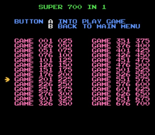Главное меню картриджа Super 700 in 1